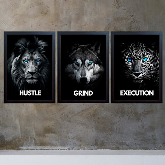 Hustle , Grind And Execution Quotes For Home And Offices Set of 3