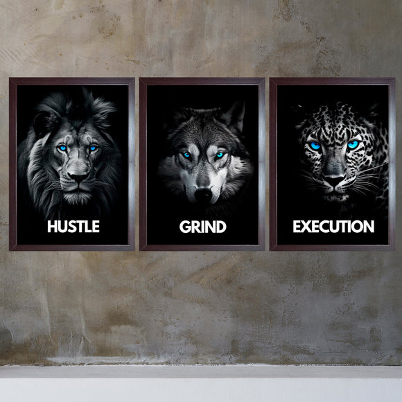 Hustle , Grind And Execution Quotes For Home And Offices Set of 3