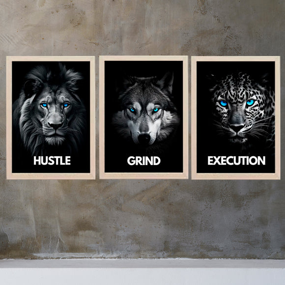 Hustle , Grind And Execution Quotes For Home And Offices Set of 3