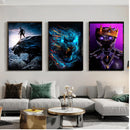Set of three boys gaming-themed framed prints featuring a warrior, glowing tiger, and crowned futuristic figure