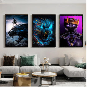 Set of three boys gaming-themed framed prints featuring a warrior, glowing tiger, and crowned futuristic figure