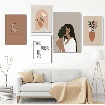 5 Pcs Abstract Girls Room Aesthetic Frame set, Boho Style Room Decor (12x18" - 1 pc, 8x12" - 4pc)