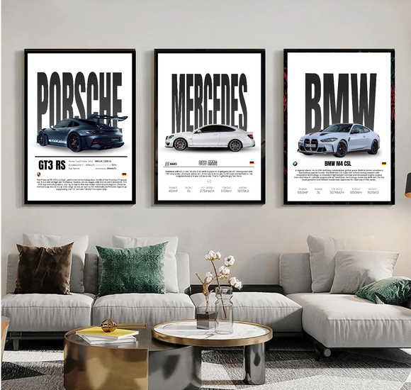 3 Pc Boys Car frames, Boys Room BMW, Mercedes, Porsche Print frames