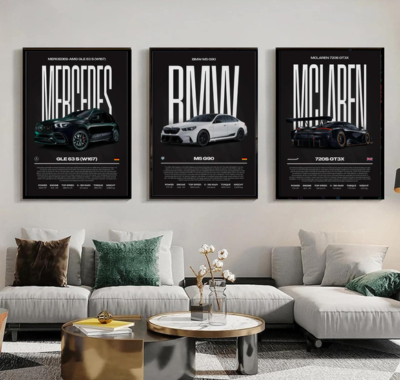 3 Pc Boys Car frames, Boys Room BMW, Mercedes, Porsche Car Art, Garage Photo Frames, Automotive Wall Art