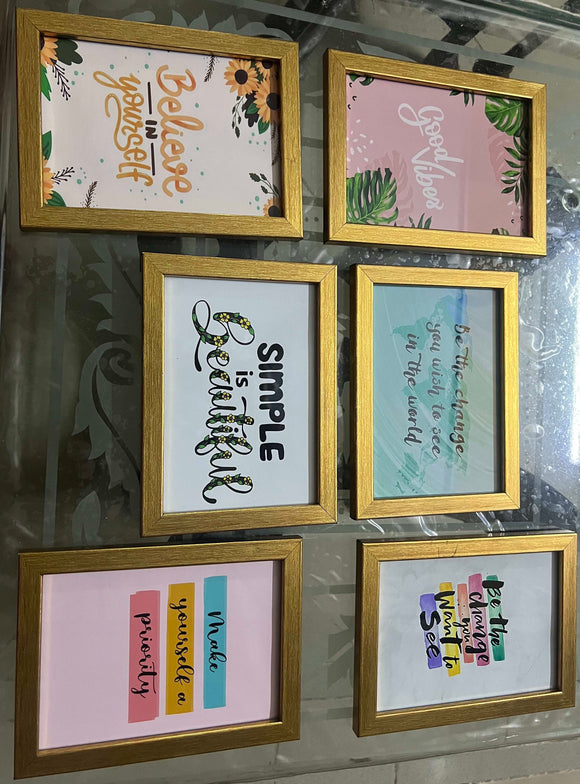 Set of six 8x12" gold frames with inspirational quote prints in pastel colors arranged as a collage. - 6 Pcs Inspirational Quote Frames set - 8x12" / Black / 1 - 5x5, 6 pc - Frame World