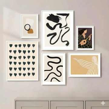 Set of abstract art prints on a wall