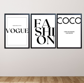 Three framed fashion-themed prints on a wall.