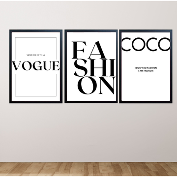 Three framed fashion-themed prints on a wall.