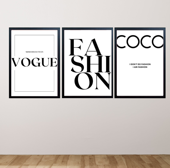 Three framed fashion-themed prints on a wall.