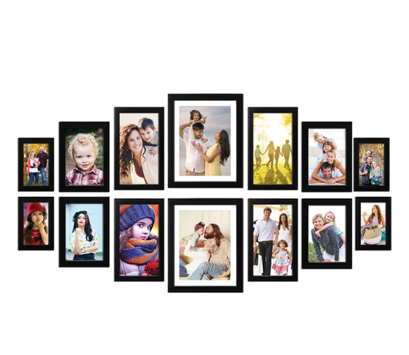 A set of 14 black, square-shaped collage frames with transparent glass, showcasing various photographs of a family and friends.