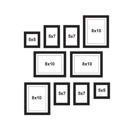 A set of various picture frames arranged in a collage pattern, with black borders.