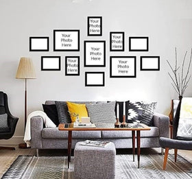 Black custom photo gallery wall collage with 11 frames in various sizes above modern sofa. - Pack of 11 Photo Gallery Wall Collage, 3X 8x10", 8X 5x7" inch - Black - Frame World