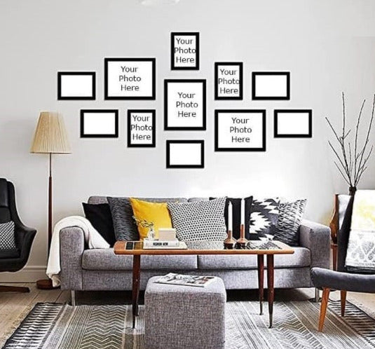 Black custom photo gallery wall collage with 11 frames in various sizes above modern sofa. - Pack of 11 Photo Gallery Wall Collage, 3X 8x10", 8X 5x7" inch - Black - Frame World