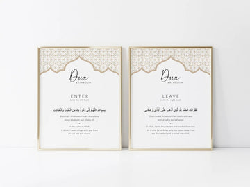 Two frames with a golden and white design, one labeled 'ENTER' and the other 'LEAVE' bathroom, placed against a white background.