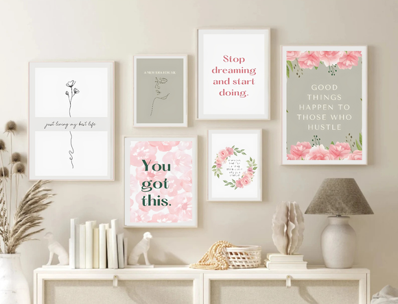 6 Pack Girls Room Abstract Pink Tone Modern Print Frame set ( 12x16" 2 pc, 8x12" 2 pc, 6x8" pc)