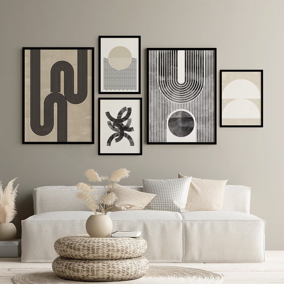 Pack of 5 Boho Wall Art Abstract Mid Century Modern Frame set (12x16" 2pc, 8x12" 3pc)
