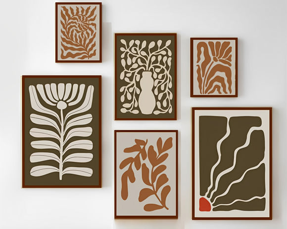 6 Pack Earth Tone Gallery Wall Large Abstract Botanical Print Frame set ( 12x18" 2 pc, 10x14" 2 pc, 8x10" pc)