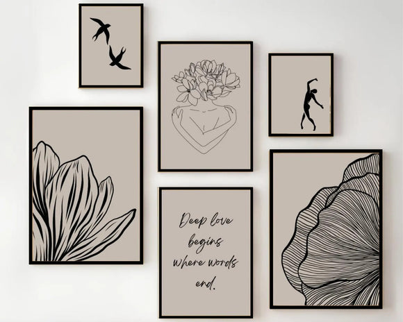 6 Pack Neutral Abstract Art Frames,  Gallery Wall Frames, Minimal frames ( 12x18" 2 pc, 10x14" 2 pc, 8x10" pc)