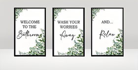 Green Eucalyptus Bathroom Wall Art frame Set of 3 Plant Leaves with Quotes Home Decor, Welcome to the Bathroom, Wash Away Your Worries, And Relax