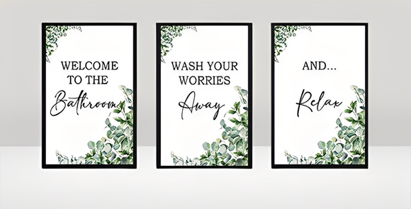 Green Eucalyptus Bathroom Wall Art frame Set of 3 Plant Leaves with Quotes Home Decor, Welcome to the Bathroom, Wash Away Your Worries, And Relax