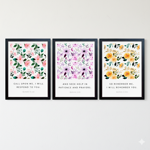 Three floral prints with Bible verses on a white background