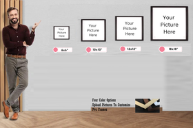 photo frames with customizable size options on a wall.