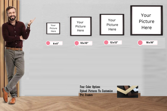 photo frames with customizable size options on a wall.