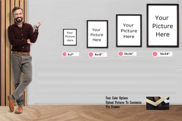 photo frames on a wall with customizable size options.