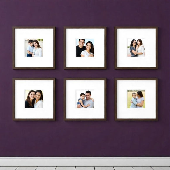 Set of six custom square photo frames arranged in a collage gallery on a purple wall displaying family pictures.