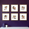 Set of six custom square photo frames displaying family portraits in a stylish collage gallery wall arrangement
