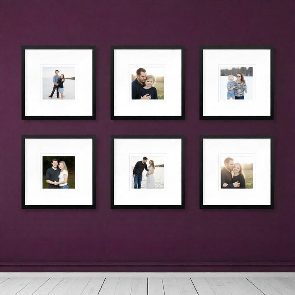 Set of six black custom square photo frames displayed on a purple wall with family and couple photos inside.