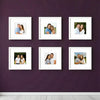 Set of six custom square photo frames arranged in a collage gallery wall displaying couple portraits on a purple wall
