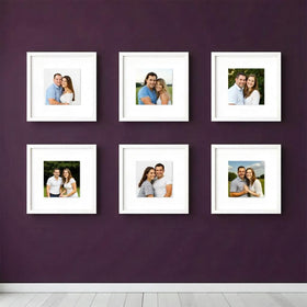 Set of six custom square photo frames arranged in a collage gallery wall displaying couple portraits on a purple wall