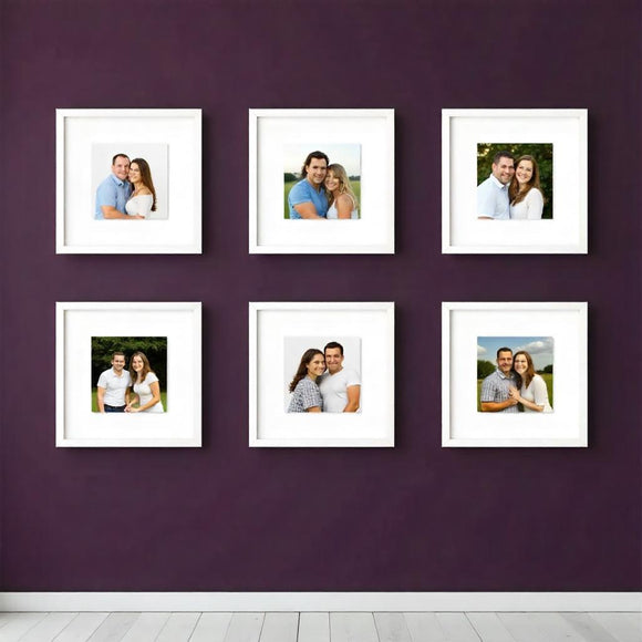 Set of six custom square photo frames arranged in a collage gallery wall displaying couple portraits on a purple wall