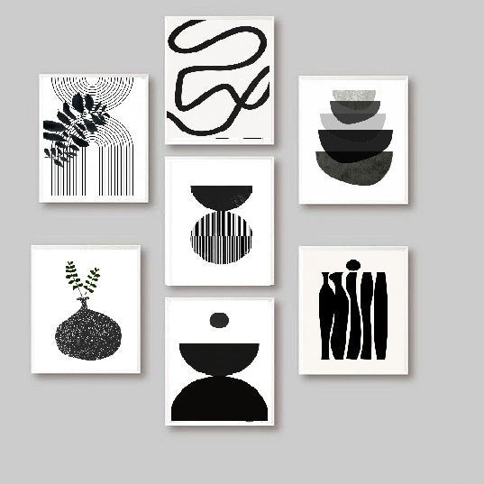 7-piece black frame collage with custom abstract black and white art, glass front wall decor. - 7 Pcs Abstract Room Decor Frame set, Glass front Wall Picture Frames, Living Room Decor, Bedroom Frames - Black / 6x8" / 1 - Frame World