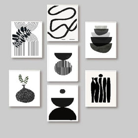 7-piece black frame collage with custom abstract black and white art, glass front wall decor. - 7 Pcs Abstract Room Decor Frame set, Glass front Wall Picture Frames, Living Room Decor, Bedroom Frames - Black / 6x8" / 1 - Frame World