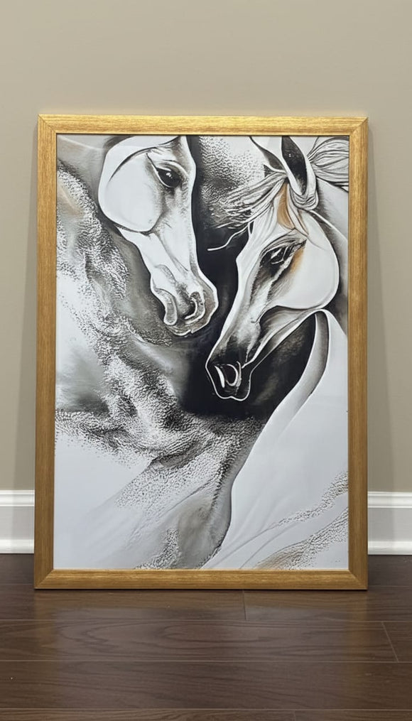Framed artwork of two horses on a wall.