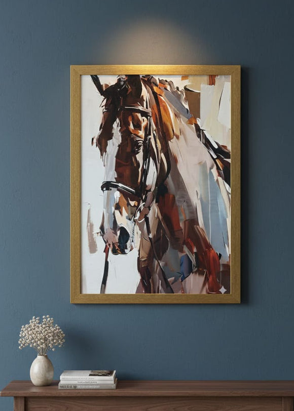 Framed painting of a horse on a blue wall above a wooden table.
