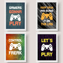 Black collage frames featuring custom gaming-themed prints with controllers and bold text. - Boys' Gaming Wall Frame Set – 4-Piece Gamer Room Decor - Black / 6x8" - Frame World