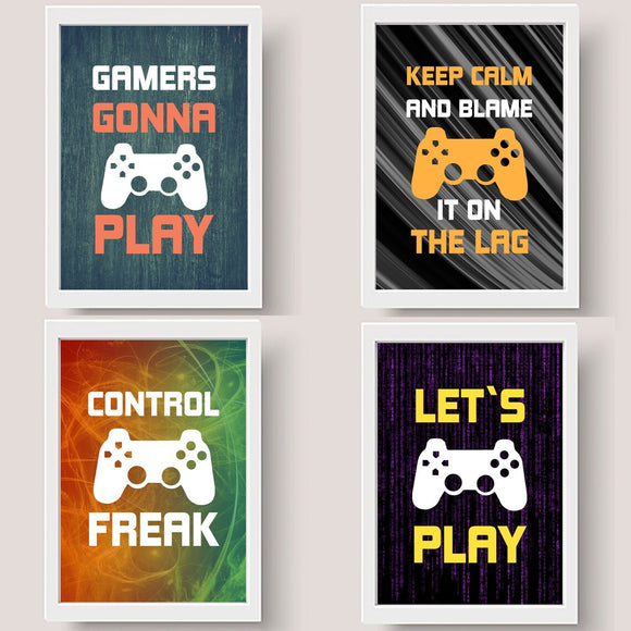 Black collage frames featuring custom gaming-themed prints with controllers and bold text. - Boys' Gaming Wall Frame Set – 4-Piece Gamer Room Decor - Black / 6x8" - Frame World