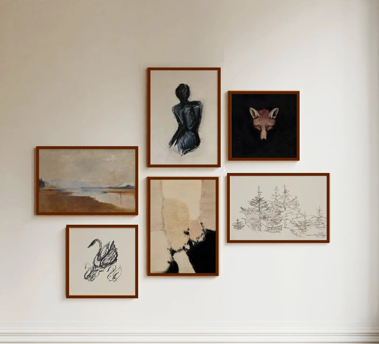 6 Pack Neutral Abstract Art Frames,  Gallery Wall Frames, Minimal frames ( 12x16" 2 pc, 12x12" 2 pc)