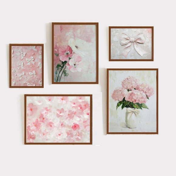Set of 5 Pink Floral Bow Wall Art Frame Print Set of 5, Bouquet Decor for Girl Room Home Decor Nursery Decor (12x16" 3 pc, 8x12" 2 pc)