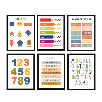 A set of six colorful educational wall photo frames for children's rooms, featuring frames with days of the week, months, numbers, and shapes.