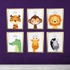Set of six framed safari animal nursery wall art prints featuring tiger, monkey, lion, crocodile, giraffe, and zebra illustrations.