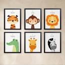Set of six framed animal prints on a wall with motivational phrases.