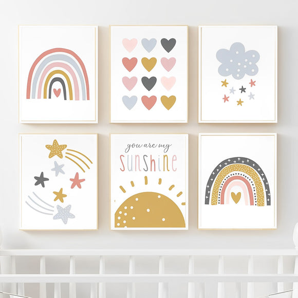 A set of six picture frames with various designs including rainbows, hearts, stars, and suns, intended for nursery or kids room decor.