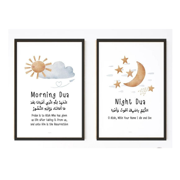 Two framed posters with one titled 'Morning Dua' featuring a sun and clouds, and the other titled 'Night Dua' featuring a moon and stars, both with glossy prints and decorative elements in golden, white, and black colors.