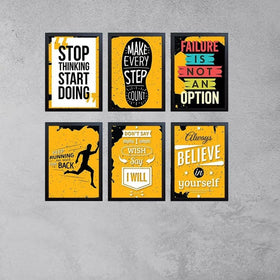 Set of 6 black frames with custom motivational quote frames in a yellow and black collage hanging on a gray wall next to a. - 6 Pcs Office Motivational Quotes Frames - 8x12" / Black - Frame World