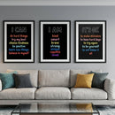 Three framed motivational wall art prints with black backgrounds and colorful text 