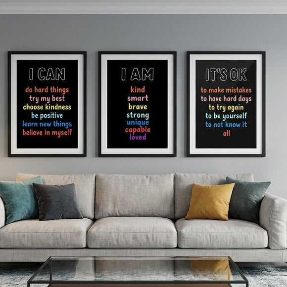 Three framed motivational wall art prints with black backgrounds and colorful text 